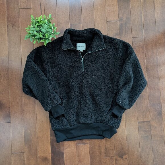 AERIE BLACK SHERPA FLEECE QUARTER ZIP SWEATSHIRT - Picture 1 of 3